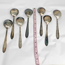 National Silver Co 1937 ROSE & LEAF  Flatware Silver Plate 7 Gumbo Soup Spoons
