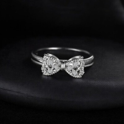 925 Sterling Silver Bowknot Ring Elegant CZ Diamond Promise Jewelry