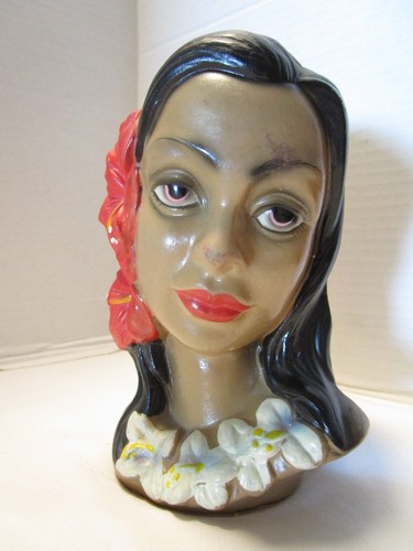 Busto Hula ragazza hawaiana vintage ceramica ibisco polinesiano 6,75"T anni 60 - Foto 2 di 10