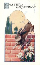 Linda postal vintage de Pascua con conejito salta sobre la pared, lirios