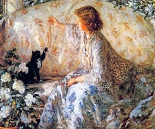 HYDRANGEAS WOMAN PEARLS NECKLACE BLACK CAT PAINTING BY PHILIP WILSON STEER REPRO