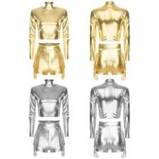 US Womens Sets Jazz Outfits Tiered Dancewear Prom Bar Dance Stage Shiny Costume