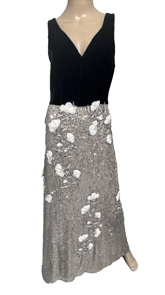 Monique Lhuillier черный серебряный блестки цветочный вышитый длинный шелк платье 6 - Изображение 3 из 4