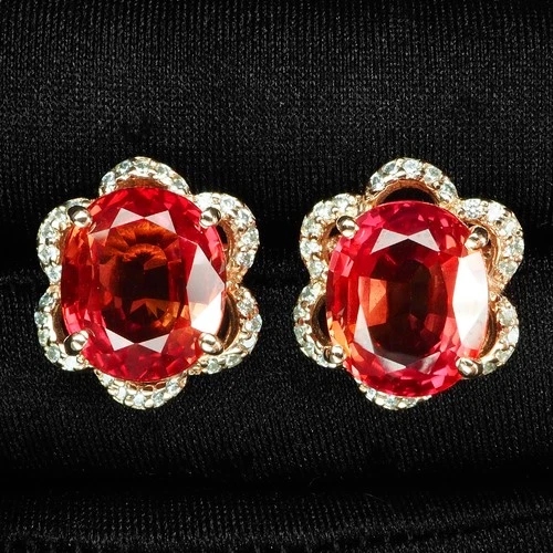 GLITZY PADPARADSCHA SAPPHIRE OVAL 15.15CT 925 STERLING SILVER ROSE GOLD EARRINGS
