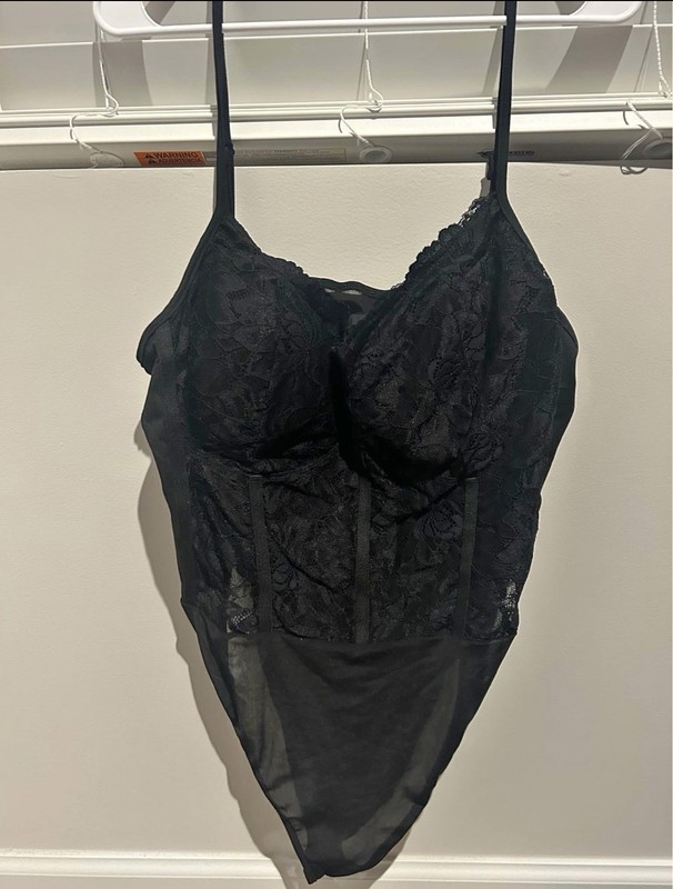 Women's Black Sheer Lace One-Piece Bodysuit, Wireless, Adjustable Straps