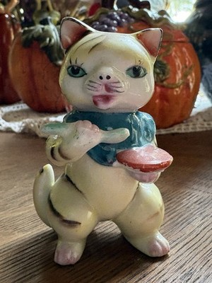 Vintage 1950s Japan Cute Striped Cat Kitten Blue Bib Eating W/ Bowl & Spoon MCM