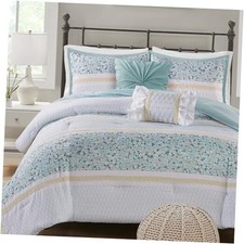 Comforter Set, Seersucker Floral Queen Size Comforter Full/Queen Aqua 5pcs