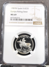 1989 SPAIN SILVER 1 ECU EUROPA RIDING STEER NGC MS 69 EXTREMELY RARE TOP POP 1