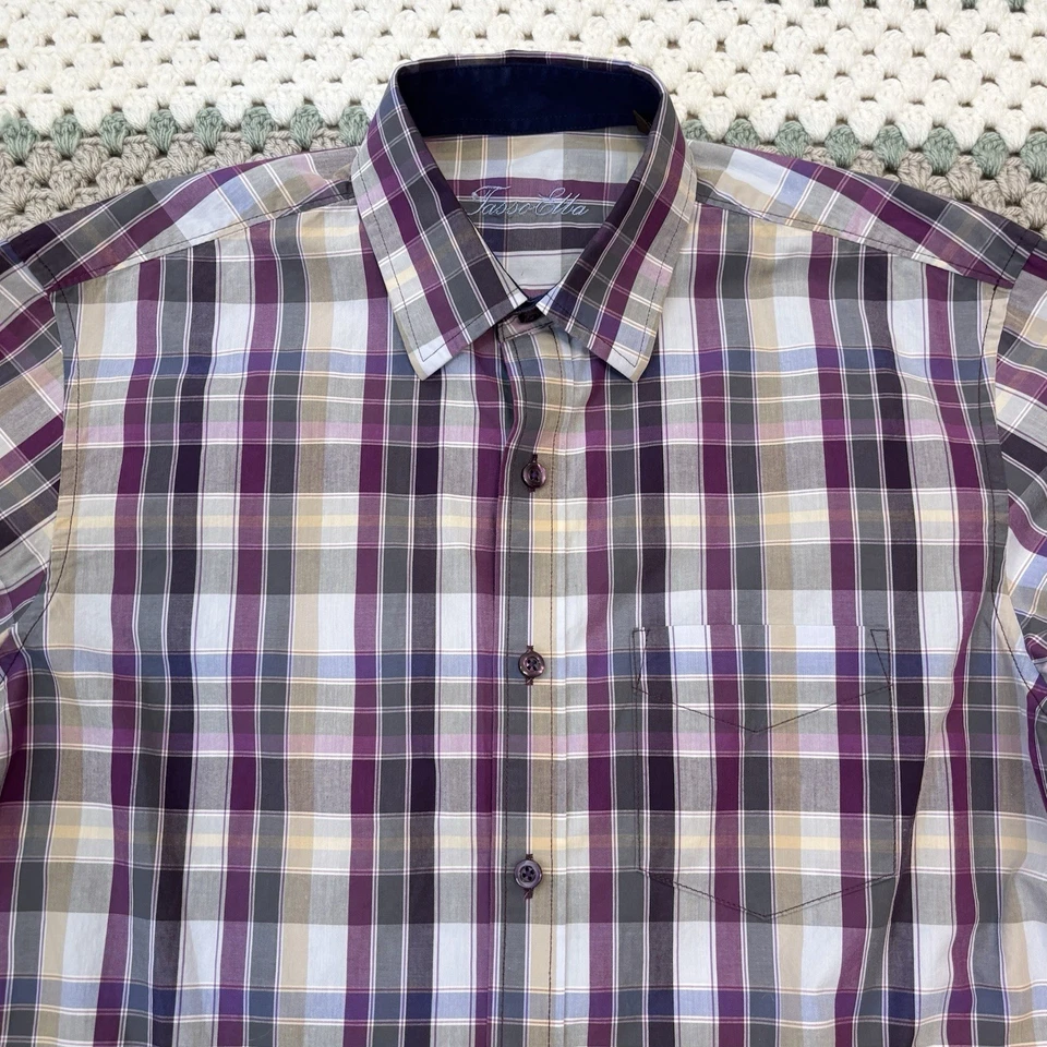 Camisa con botones a cuadros de algodón Tasso Elba usada en excelente estado, para hombre talla S 14-14,5 púrpura gris azul Foto 4 de 4