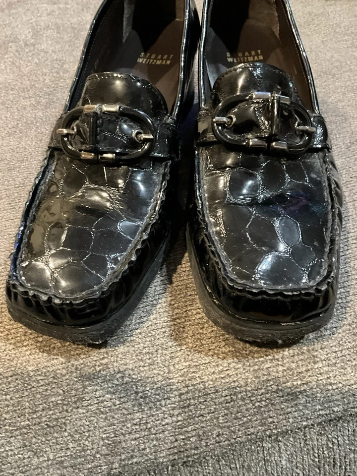 Stuart Weitzman 女鞋 9 码黑色漆皮褶饰楔形鞋 — 第 3/4 张图片