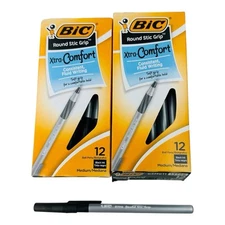 24 Pens BIC Round Stic Grip Xtra-Comfort Black Ink Medium Point Pen