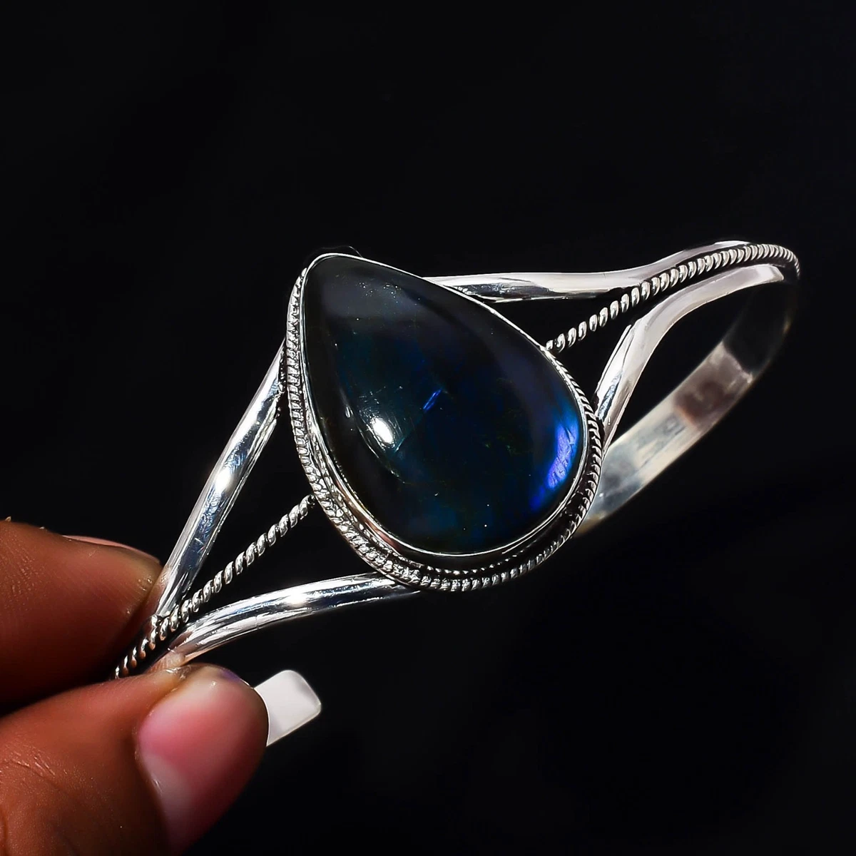 Labradorite Gemstone 925 Sterling Silver Handmade Bangle Jewelry Gift For Love