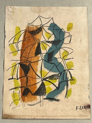 Fernand Léger drawing and painting on old paper signed stamped vintage