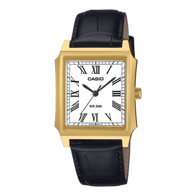 ゆき CASIO MTP-B190GL-7BV タンク クォーツ 美品 CASIO Mens Wristwatch MTP-B190GL-7B Leather Black Golden White