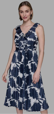 Karl Lagerfeld Midi Dress Size 12 Empire Waist Ruffle Pleated Floral Blue APR52