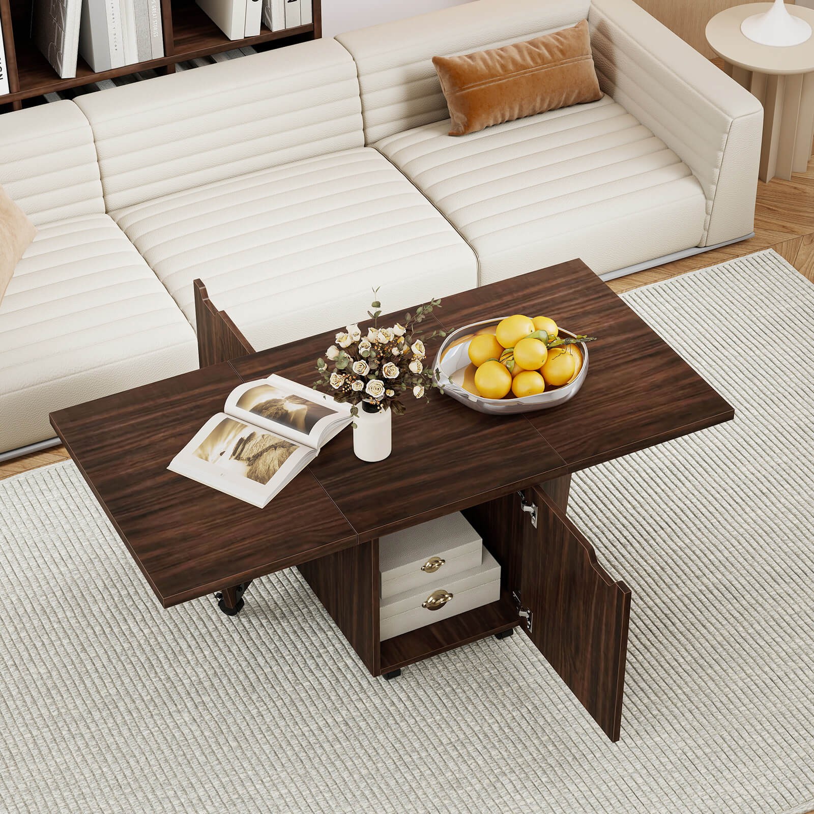 Foldable Coffee Table 48" Extendable Center Table with Storage Cabinets & Wheels
