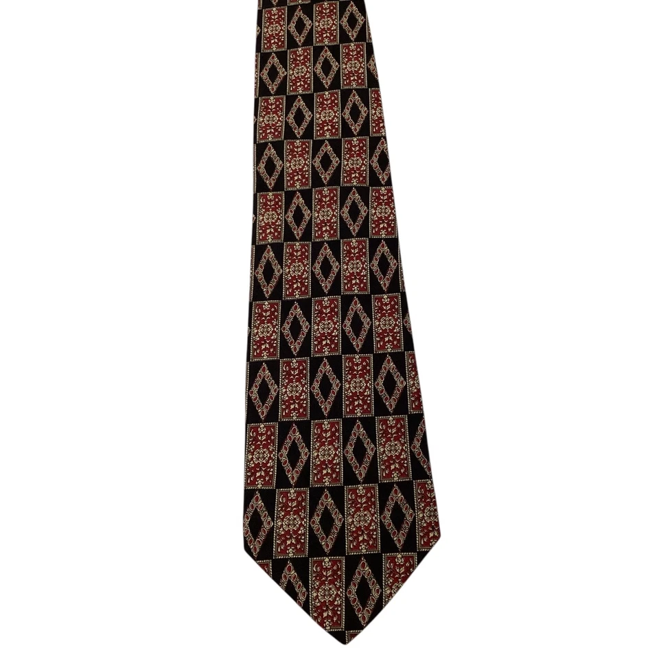 Corbata de seda de diseñador del Museo Metropolitano de Arte geométrica negra/roja/marfil usada en excelente estado Foto 2 de 3