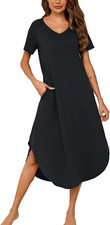 Womens Cotton Long Nightgown-Short Sleeves Nightshirt Comfy Maxi Sleep Shirt...