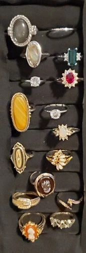 Vintage Lot Of 46 Costume Jewelry Ring Lot Gold Silver Tone Rhinestone Cocktail