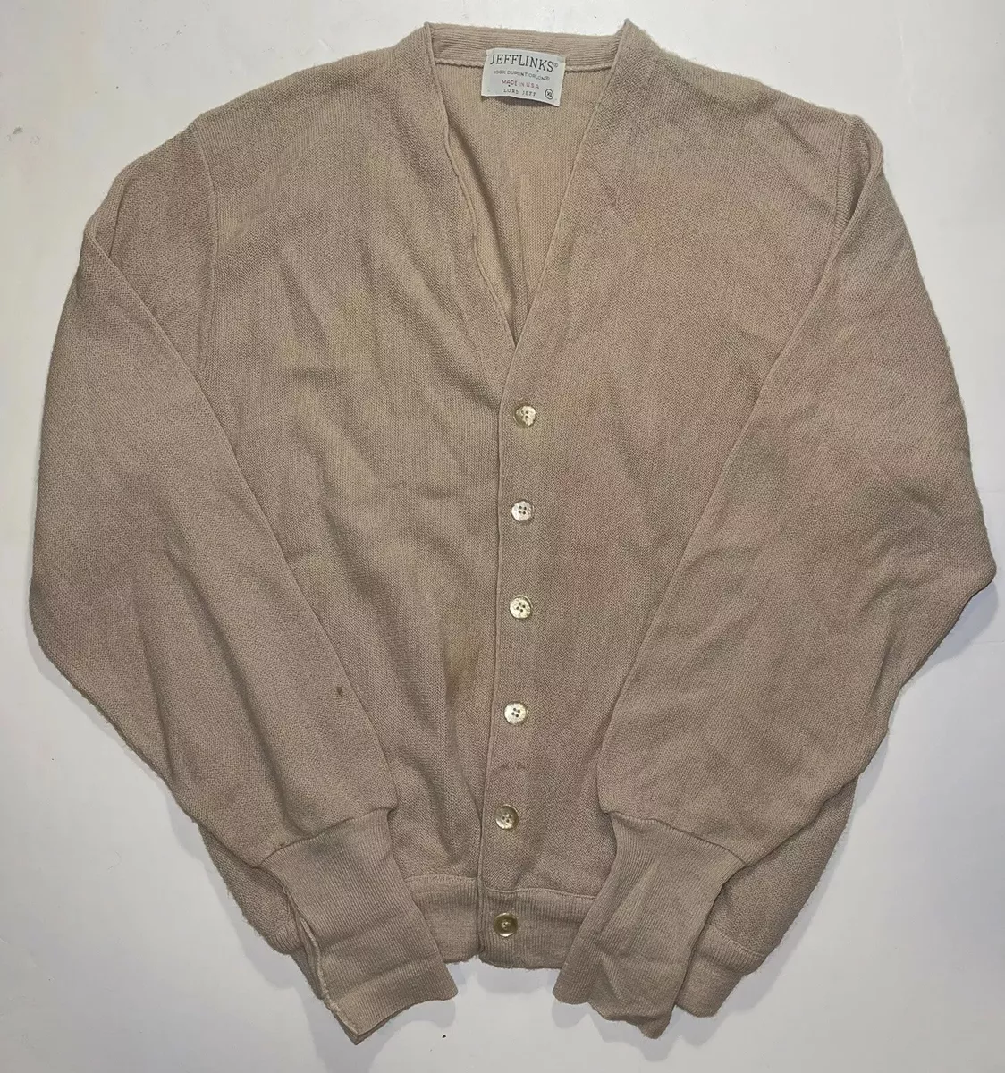 VTG 70s Lord Jeff JEFFLINKS Orlon Golf Cardigan Sweater Made In USA Mens XL Tan