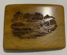 Vintage Artisan Carved Wood Belt Buckle With Brass Biplane 3x2.25