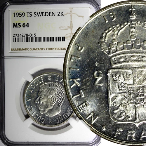 SWEDEN Gustaf VI Silver 1959 TS 2 Kronor NGC MS64 KM# 827 (015)