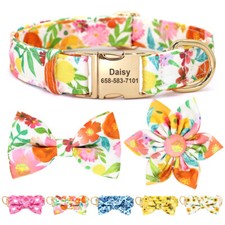 Fancy Personalised Dog Fabric Collar Pet Name ID Engraved with Flower & Bow Tie