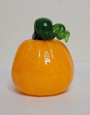 Art Glass Hand Blown Pumpkin Bright Orange Green Stem Glass Signed Halloween 