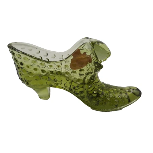 Vintage Fenton Cat Head, Olive Green Hobnail Shoe/Slipper/Boot, Original Sticker