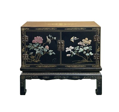 Vintage Oriental Black BaseColor Stone Flower Birds Inset Storage Cabinet ws4665