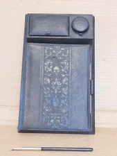 Antique  Travel Ink Well Lap Desk Embossed Leather Face Old Man Demon Gargoyle