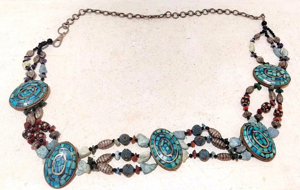 Rare Vintage Large Heavily Turquoise Ethnic Folk Belt Polished Stones And Beads - Image 3 of 4