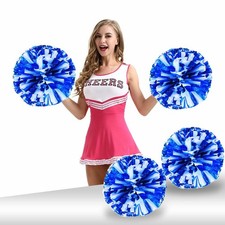 4 Pack Blue White Metallic Cheerleading Pom Poms Plastic Handles 12 Inch