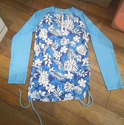 BESSER BAY SPORTS Womens Swim Top M Modest Long Sleeve Blue And White Floral