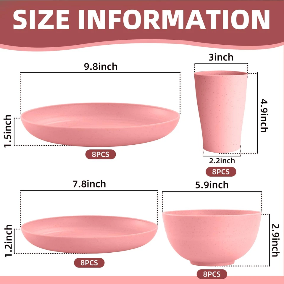 Pink Dinnerware Sets for 8,Pink Plates and Bowls Sets Plastic,Wheat Straw Din... - Image 2 of 4