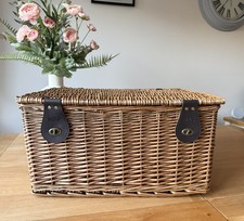 M&S XL Wicker Willow Hamper Picnic Basket Trunk Chest Brown Straps 21x18x11”