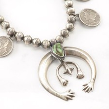 Native American Turquoise Mercury Dimes Sterling Silver Squash Blossom Necklace