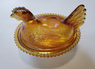 Vintage Carnival Indiana Glass Iridescent Amber Gold Hen On A Nest Candy Dish