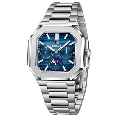 Men's Quartz Watch Moonphase Hardlex Crystal Luminous Waterproof Stainless Steel