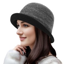 Womens Winter 1920S Vintage Cloche Wool Bucket Hat Packable Ladies Church Der...