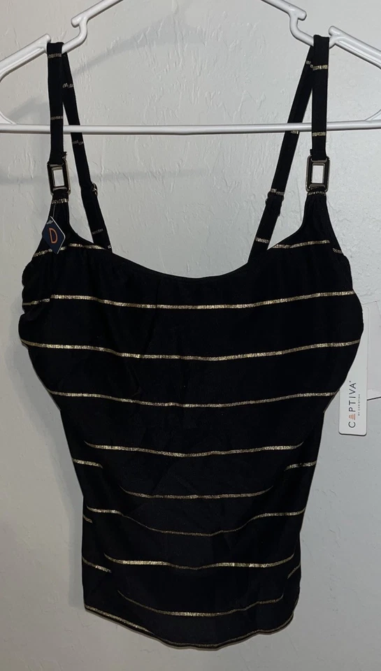 Nuevo con etiquetas Camiseta Tankini Captiva Negra Dorada Rayas S Dcup Con Aros SE$68 Foto 2 de 4