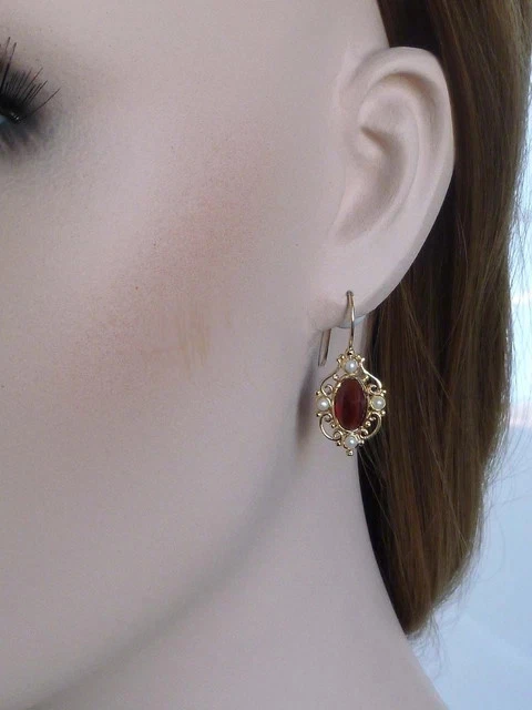 Drop Dangle Earrings 14K Yellow Gold Plated Simulated Oval Cut Garnet Earrings - Image 3 of 4