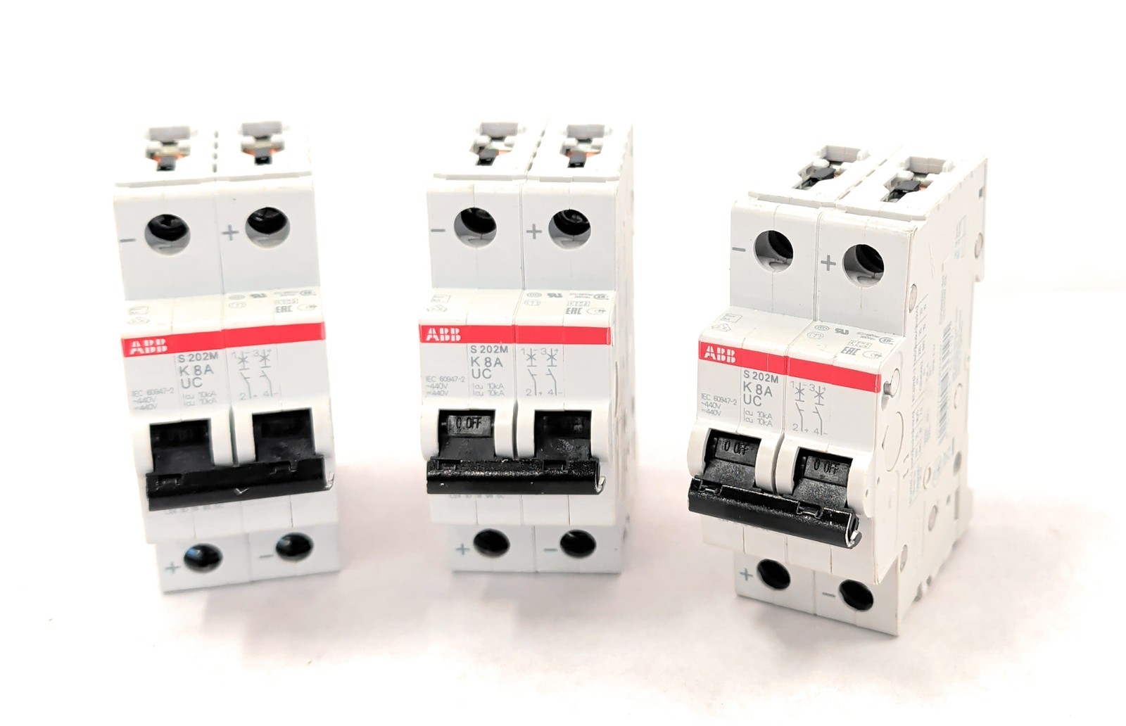 Lot of 3 ABB Miniature Circuit Breaker S202M-K8AUC 2P 10kA 8A 50 / 60 Hz