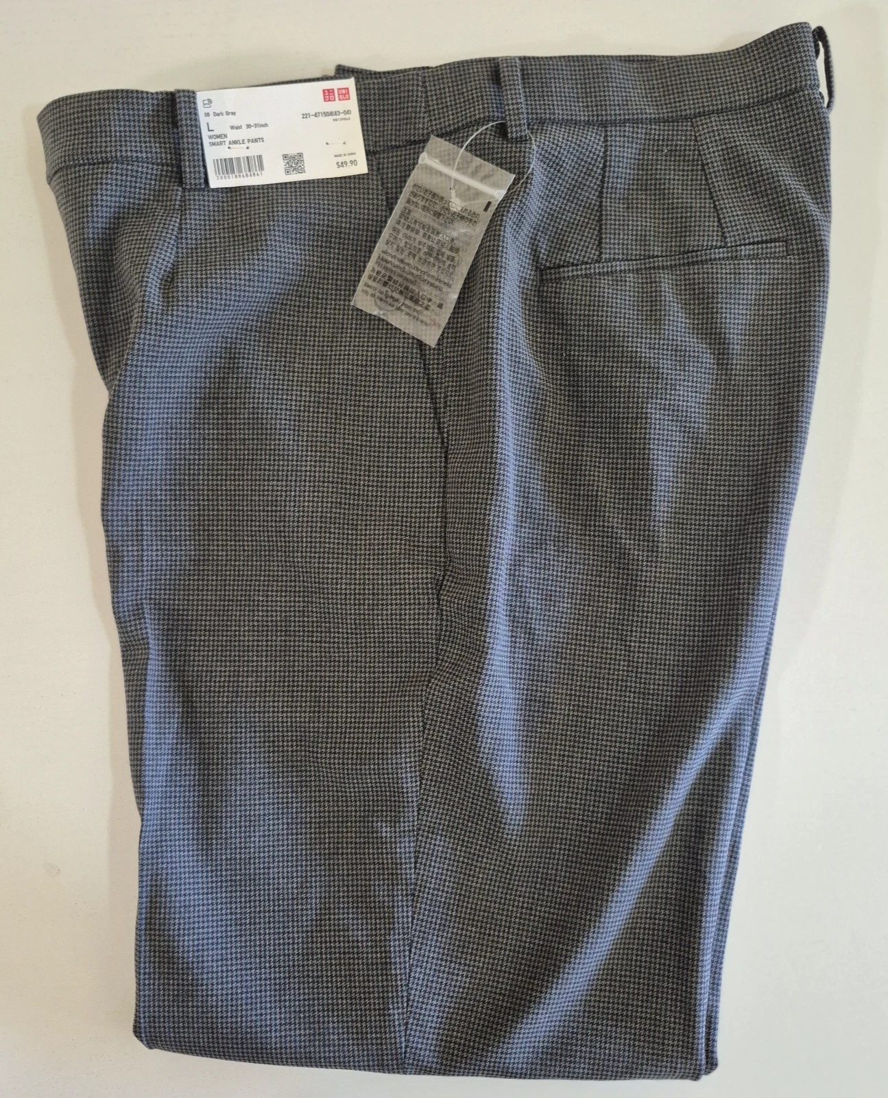 Uniqlo Women 2026 Smart Ankle Dark Gray Houndstooth Pants (Size L)