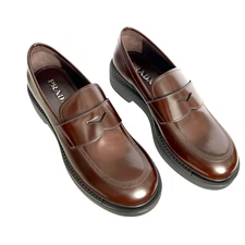 PRADA 2DG149 MENS BROWN LEATHER PENNY LOAFER SHOES, SZ P 9.5, 11