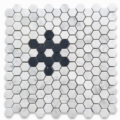 C31F2XH Carrara White 1'' Hexagon Black Marble Snowflake Mosaic Tile Honed
