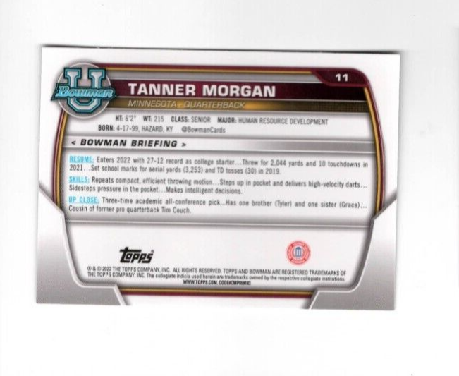 2022 Bowman U Chrome 1st TANNER MORGAN Minnesota Golden Gophers card ...