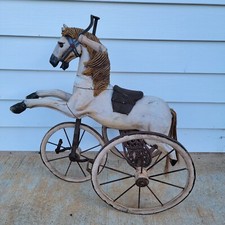 Antique 1800s Hand Carved Wooden Horse  Iron Tricycle Pedal Ride On Toy As Is