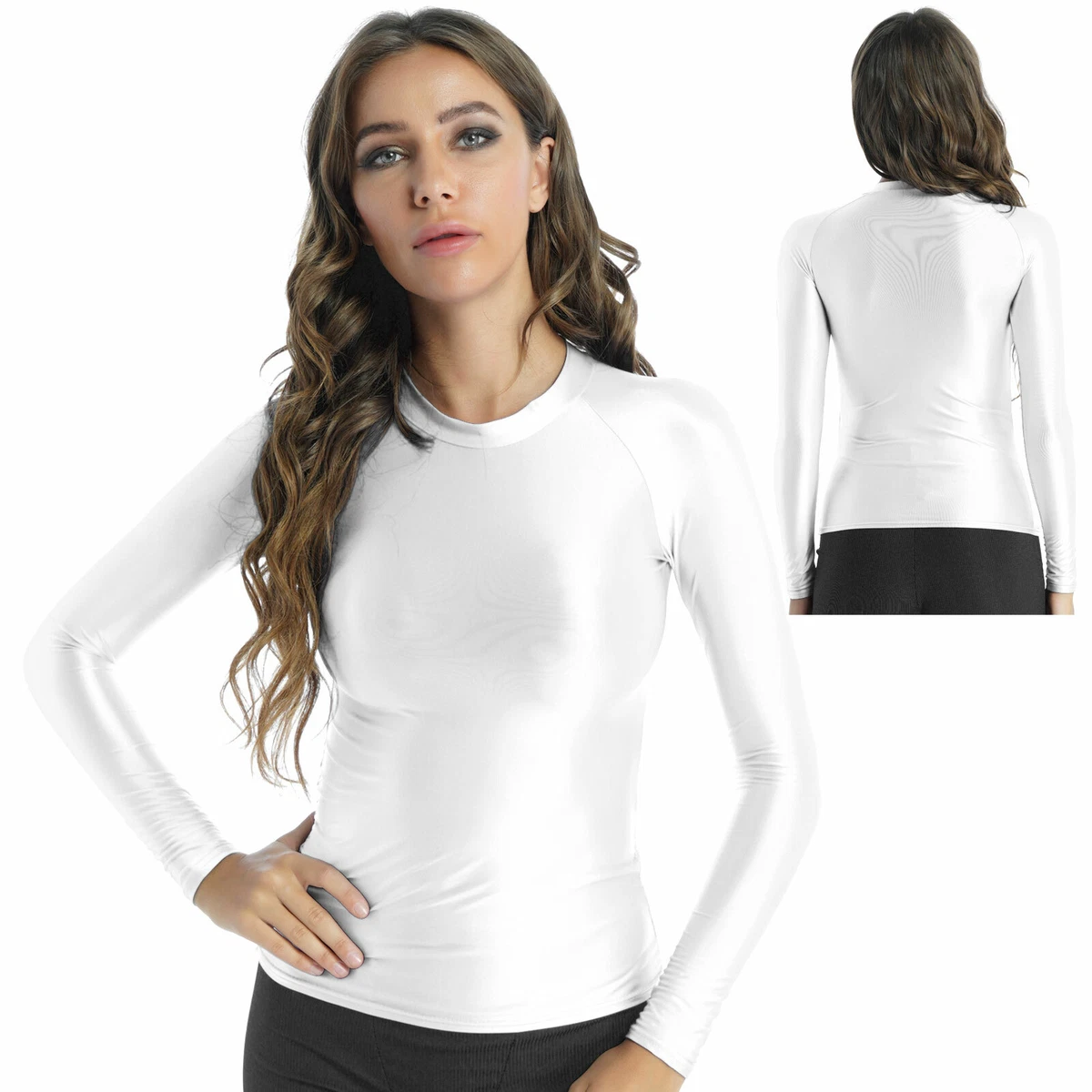 Women Glossy Shirt Stretchy Breathable Long Sleeve Slim Fit Casual Top  Sportwear