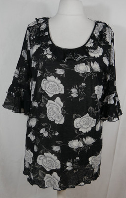 Damen Mesh Blusen Shirt Schwarz/Weiß Blumen Elegant Rüschen Größe 44/46 WIE NEU!